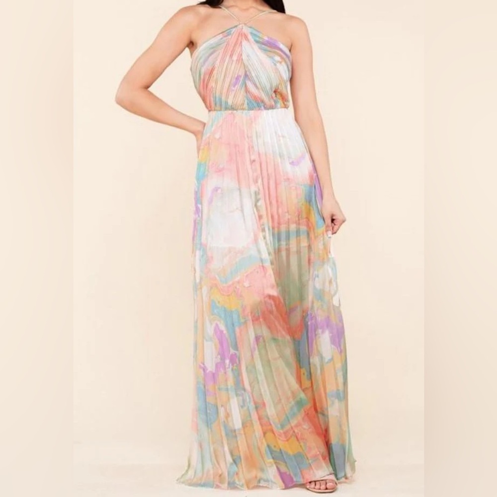 New L’atiste by Amy Pleated Watercolor Maxi Dress